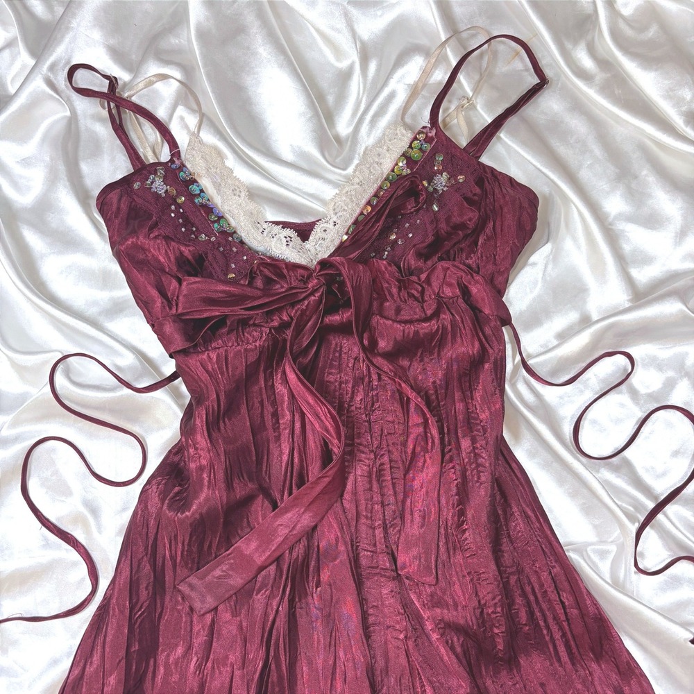 y2k Babydoll Top Burgundy Excellent Lace Sequin Beaded Satin Dolled Up M